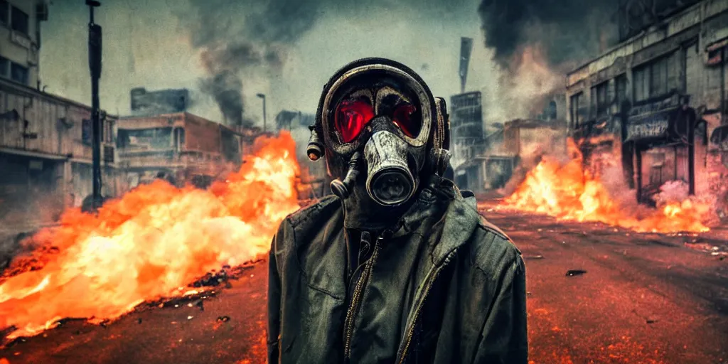 Image similar to post - apocalyptic city streets, close - up shot of an anarchist with a gasmask, burning cars, explosions, colorful smoke, hyperrealistic, gritty, damaged, dark, urban photography, photorealistic, high details