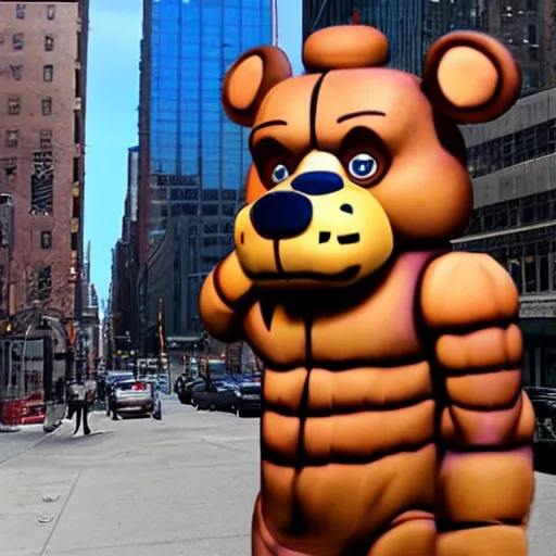 Image similar to giant Freddy Fazbear head in New York hyper realistic photo