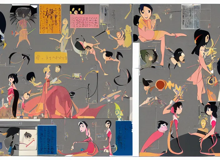 Image similar to experimental character exploration mixed media collage reference sheet layout from masaaki yuasa's mulan ( 1 9 9 7 )