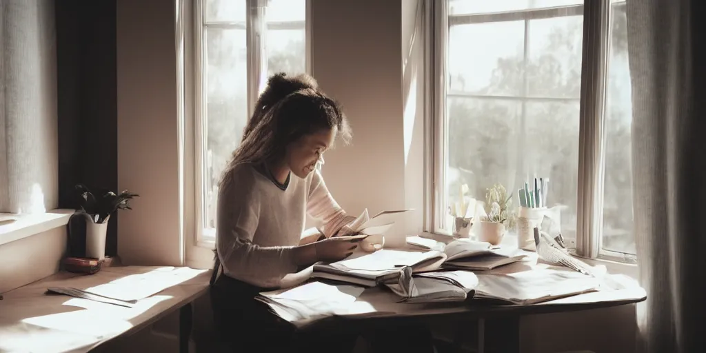 Prompt: a woman sitting a desk next to a window, reading a letter, warm, happy, sunlight, medium shot, realistic