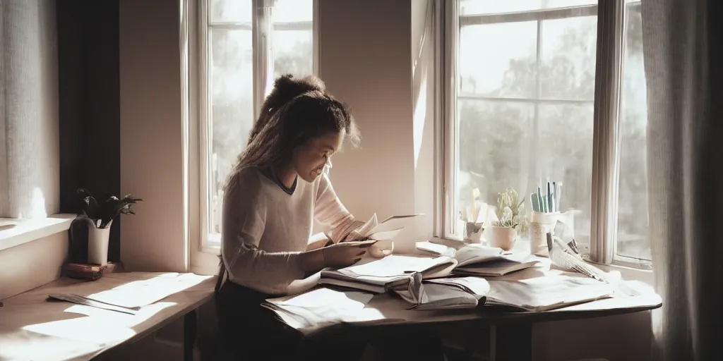 Image similar to a woman sitting a desk next to a window, reading a letter, warm, happy, sunlight, medium shot, realistic