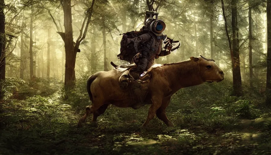 Image similar to american astronaut in the forest riding a bull, objects well lit, plants environment, wide angle, cinematic lighting, atmospheric, realistic, octane render, highly detailed, color graded, in the style of craig mullins