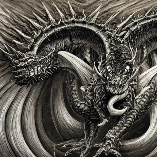 Image similar to a portrait of a dark entropy dragon, detailed, fantasy, scary, realistic, frightening, ornate, horns, spikes, incredible, masterpiece, amazing, wow!, sense of awe, award winning, greg rutowski, bosch, mc escher, dali
