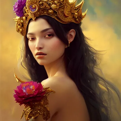 Prompt: expressive oil painting, of alluring european princess, seductive look, smooth glowing skin, glistening body, ornate headpiece made from flowers, glamour shot, by yoshitaka amano, by greg rutkowski, by jeremyg lipkinng, by artgerm, digital art, octane render