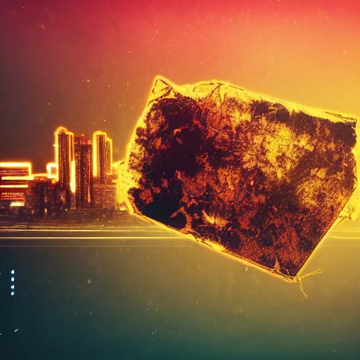 Prompt: cinematic shot of a giant rusty bitcoin broken in half falling over the city, beeple style, Christopher Nolan movie