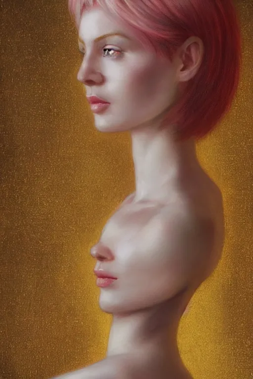 Image similar to “Portrait of a beautiful pale skin Nordic female with short pink hair, elegant, photorealistic, highly detailed, artstation, smooth, sharp focus, gold ornaments, neon lighting, sci-fi, art by Klimt.