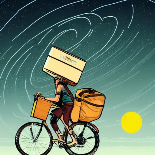 Prompt: a food delivery cyclist with oversized box shaped backpack cycling around the rings of saturn, laurie greasley