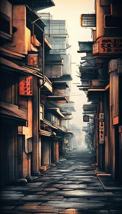 Image similar to nuclear winter, street of kyoto, near future, fantasy, sci - fi, hyper realistic, serene, morning.