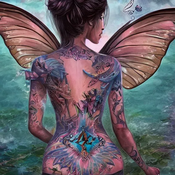 Prompt: Gorgeous Fairy with nice cheekbones floating over a lake, runes tattoos on her cleavage, vibrant big opened butterfly wings on her back and, body covered by a map tattooed, D&D, fantasy, highly detailed, digital art, trending on artstation, smooth, sharp focus, illustration, art by Peter Tang and artgem