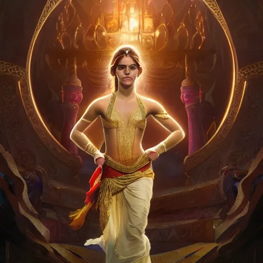 Image similar to Emma Watson as the genie in Aladdin, digital painting, artstation, concept art, sharp focus, illustration, art by greg rutkowski and alphonse mucha, highly detailed