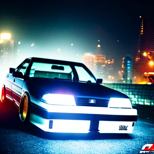 Image similar to a cyberpunk car JZX100 turbo at illegal car meet, Saitama prefecture, city midnight mist lights, cinematic color, photorealistic, highly detailed, 200MM