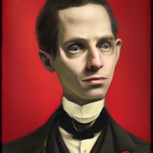 Prompt: 19th century portrait of Neil Cicierega looking forward holding his cat, serious facial expression, digital artwork, highly detailed, trending on artstation, red colors, dark, dreamlike, mystical, red lights, contrast, black background, digital painting, 8K, high contrast lightimg
