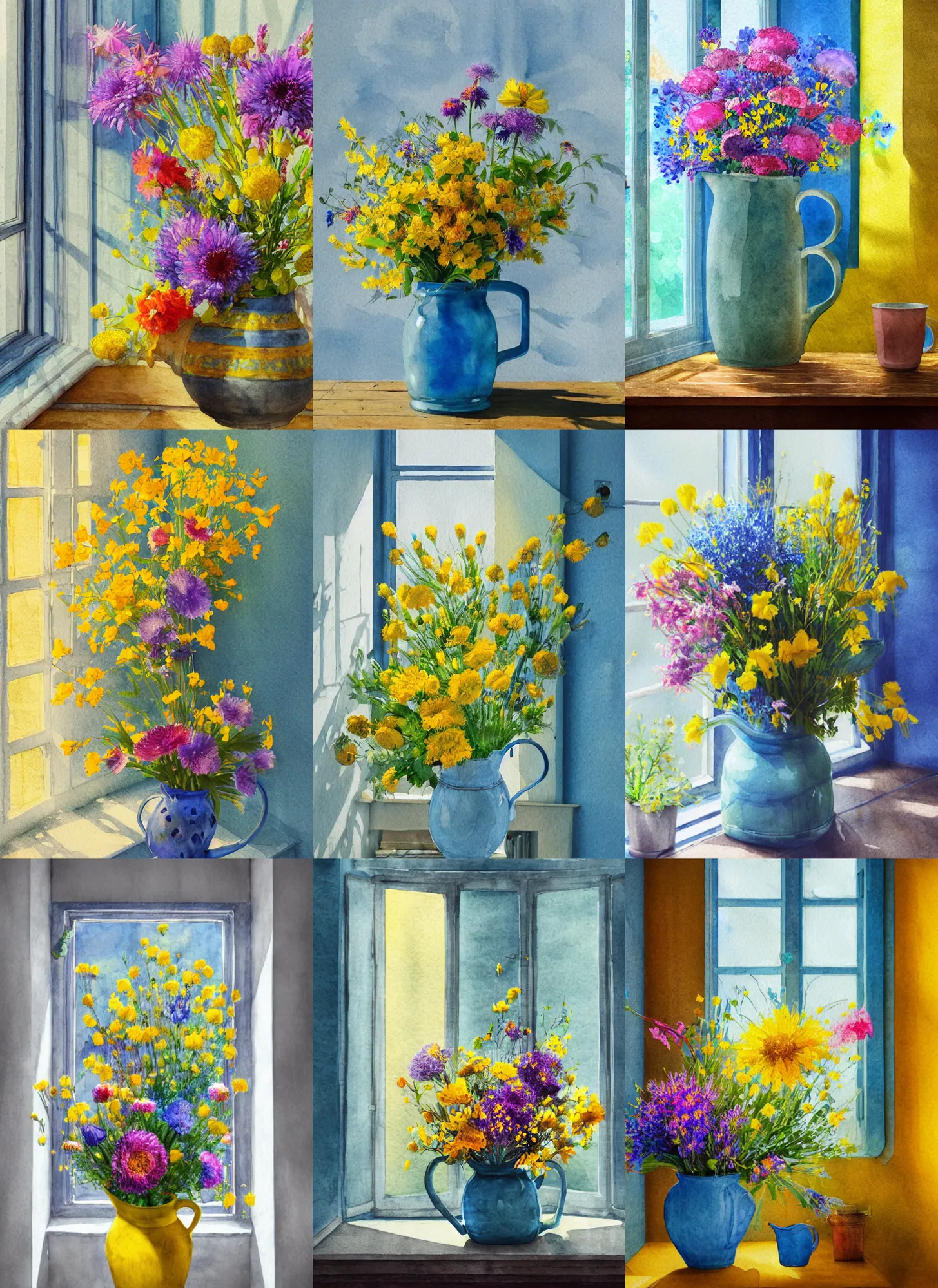 Prompt: bouquet of wild flowers in a blue jug, yellow wall, open window, drops of sunlight, dreamy lighting, highly detailed, cold colors, light tone, watercolor illustration, hd, style by impressionism, octane render, hyperdetailed environment, photorealism, hyper realistic, no blur, 8k