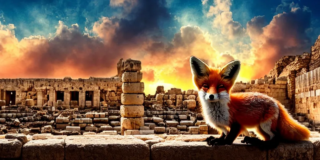 Image similar to a beautiful small fox in the huge ruins of the second temple in jerusalem, dreamy sky, the third temple hovers quietly hiding in the sky above, very colorful painting 8 k trending on art station, intricate superb details, digital art, very very very realistic, cinematic lighting, volumetric lighting, photographic, blur bokeh defocus dof sky.