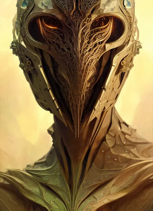 Image similar to organic cyborg, dragon mask, diffuse lighting, fantasy, intricate, elegant, highly detailed, lifelike, photorealistic, digital painting, artstation, illustration, concept art, smooth, sharp focus, art by John Collier and Albert Aublet and Krenz Cushart and Artem Demura and Alphonse Mucha