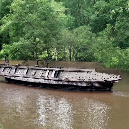 Prompt: An iron ship in a river::iron-plated::looks like a sunfish boat::photo