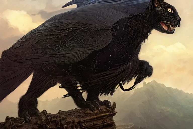 Prompt: Black feathered Jaguar with wings on a beautiful fantasy landscape, hills, mountains, moonlit, HD, illustration, epic, D&D, fantasy, intricate, elegant, highly detailed, digital painting, artstation, concept art, smooth, sharp focus, illustration, art by artgerm and greg rutkowski and alphonse mucha