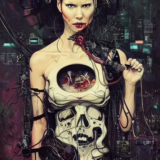 Image similar to olivia munn as a cyberpunk noir detective, skulls, wires cybernetic implants, machine noir grimcore, in the style of adrian ghenie esao andrews jenny saville surrealism dark art by james jean takato yamamoto and by ashley wood and mike mignola