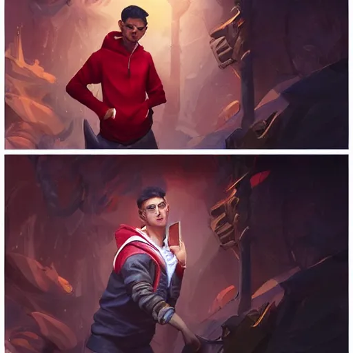 Prompt: a preppy magic student boy wearing a red hoodie, d & d, fantasy, intricate, cinematic lighting, highly detailed, digital painting, artstation, concept art, smooth, sharp focus, illustration, art by artgerm and greg rutkowski and alphonse mucha