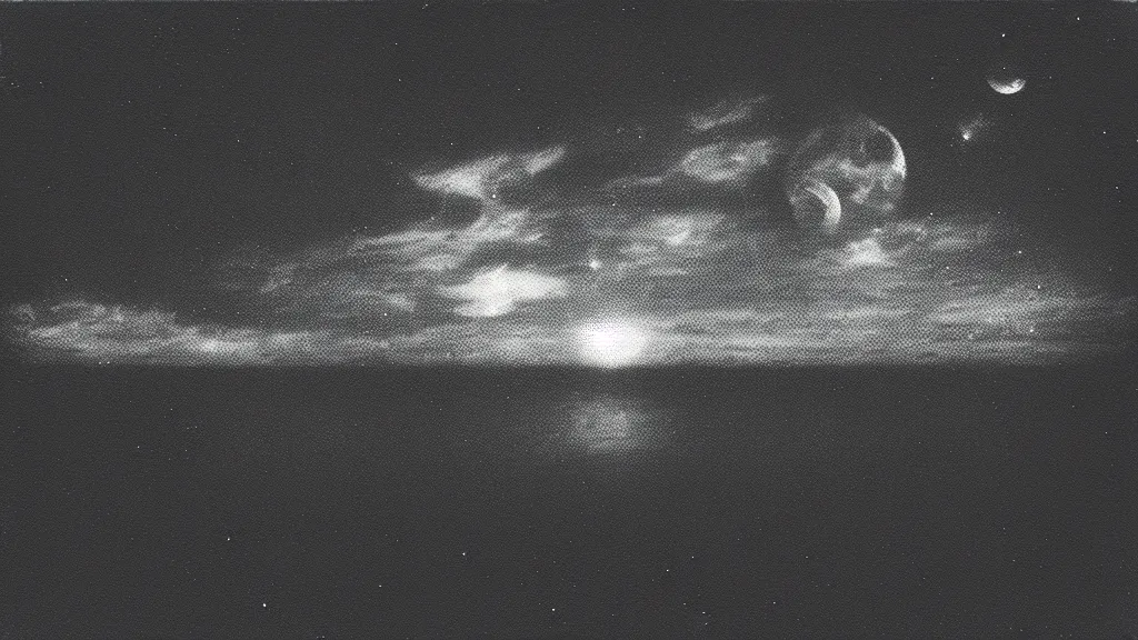 Image similar to birds eye view, haunted VHS glitch polaroid of a distant celestial ferry sailing through deep blackness. black bay, stars strange perspective, depths, Ethereal lighting. Nighttime setting with the moon reflecting off the water