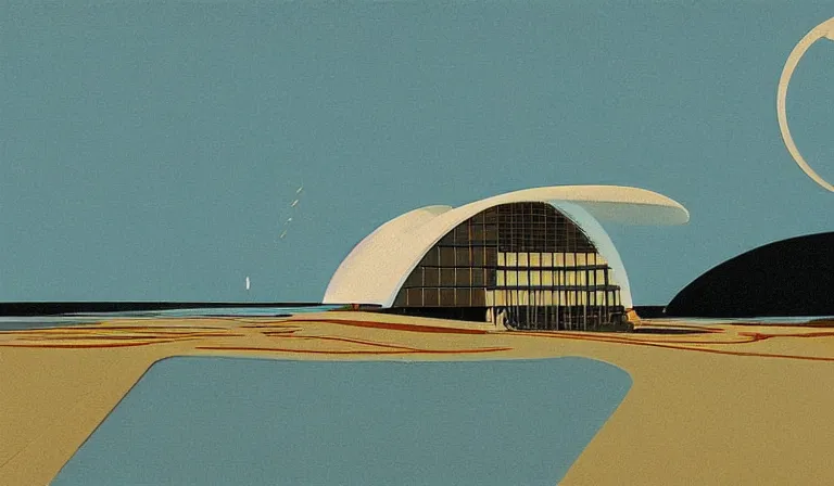 Prompt: A serene landscape with a singular building in the style of Syd Mead.