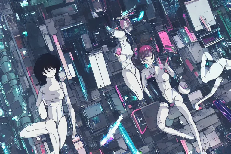 Image similar to a cyberpunk anime illustration of a group of female androids' body parts lying scattered over an abstract, empty, white floor, by masamune shirow, hajime sorayama and katsuhiro otomo, view from above, minimalist