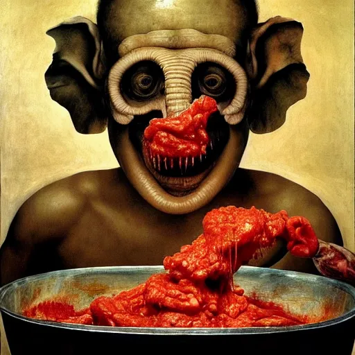 Prompt: a boy like eraserhead and elephant man sitting in a tub full of tomato sauce, looking straight into camera, screaming in pain, by giuseppe arcimboldo and ambrosius benson, renaissance, fruit, intricate and intense oil paint, a touch of beksinski and hr giger, realistic