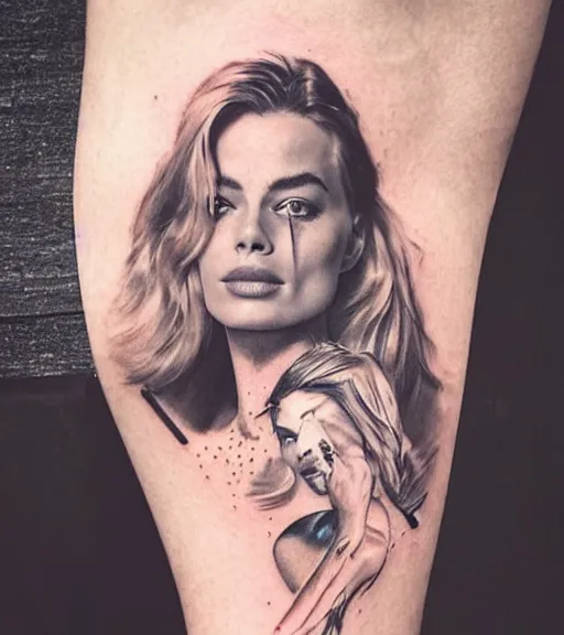 Prompt: tattoo sketch of margot robbie mash up with amazing mountain scenery and nature, double exposure effect, in the style of arlo dicristina, hyper realism, amazing detail, sharp