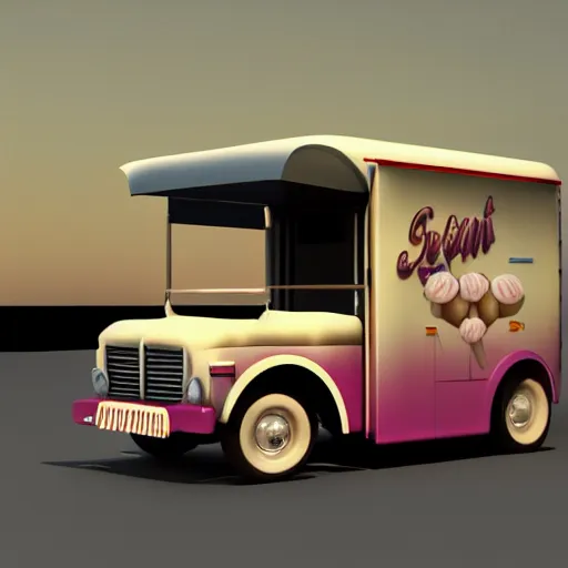 Prompt: photorealistic 3 d render of an ice cream truck at nighttime