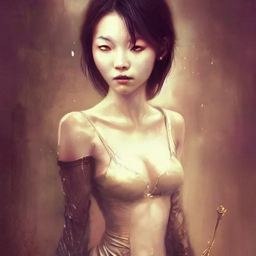 Prompt: Lee Jin-Eun by Bastien Lecouffe-Deharme, rule of thirds, seductive look, beautiful,