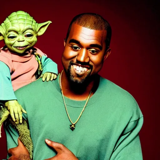 Image similar to kanye west smiling and holding yoda yoda for a 1 9 9 0 s sitcom tv show, studio photograph, portrait