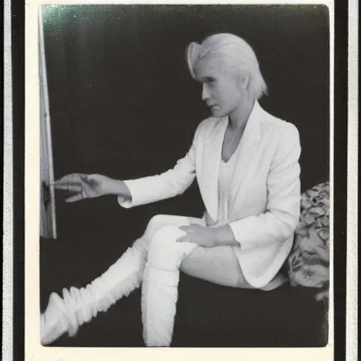 Image similar to Platinum-blonde-haired hime-cut blue-eyed French empress wearing white leggings, black jacket, boots, sitting in public housing apartment, Polaroid photo