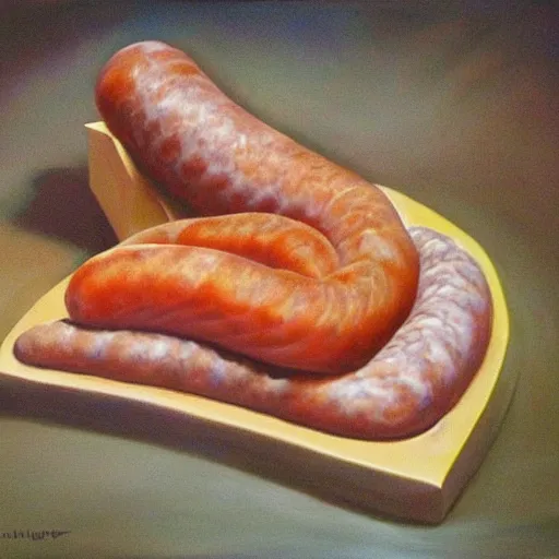 Prompt: surreal painting of a fish morphing into a sausage