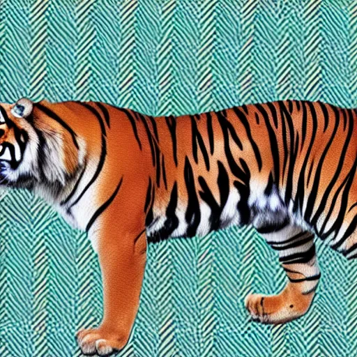 Image similar to tiger walking with backdrop showing the sky, palm tres. the tiger has sharp claws and teeth. in geometric illustration style