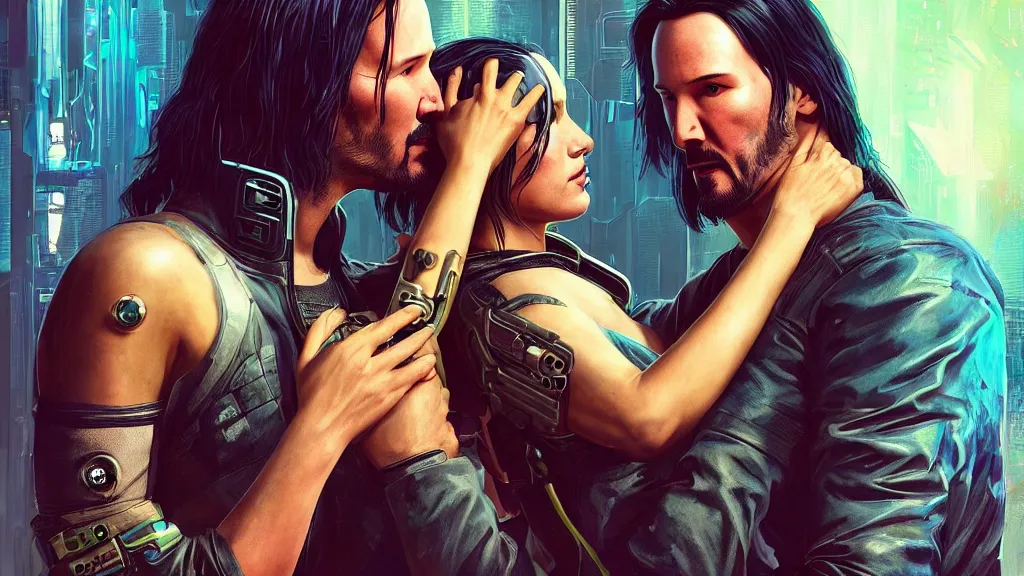 Image similar to a cyberpunk 2077 couple portrait of one Keanu Reeves and one female android final kiss,love,film lighting,by Laurie Greasley,Lawrence Alma-Tadema,Andrei Riabovitchev,Dan Mumford,John Wick,Speed,Replicas,artstation,deviantart,FAN ART,full of color,Digital painting,face enhance,highly detailed,8K,octane,golden ratio,cinematic lighting