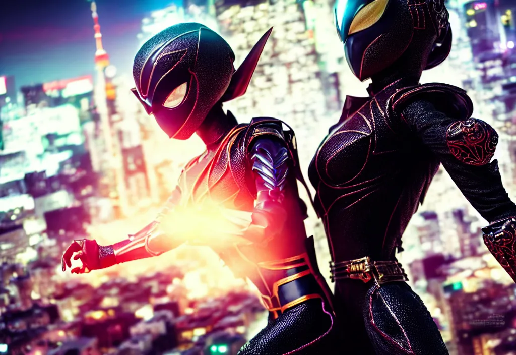 Image similar to huge belt, female kamen rider, hero action pose, human structure, insect art concept, full body hero, intricate detail, hyperrealistic art and illustration by a. k. a limha lekan a. k. a maxx soul and alexandre ferra, global illumination, blurry and sharp focus, on future tokyo night rooftop, frostbite engine