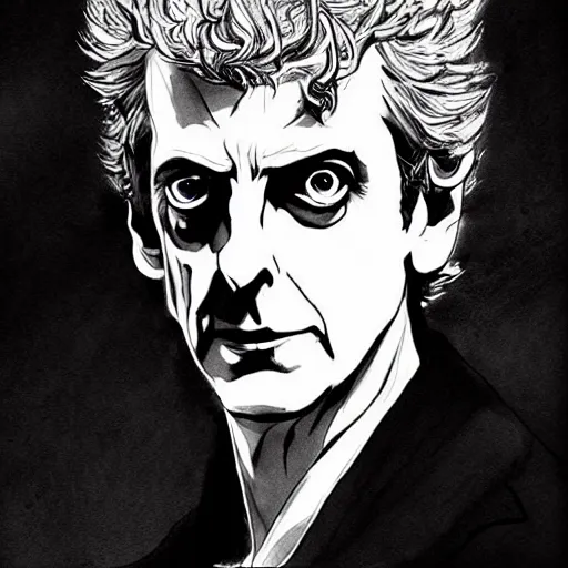 Prompt: Peter Capaldi with a bloodthirsty expression in a scene from Berserk, artstation, concept art, sharp focus, illustration in pen an ink, extremely detailed, extremely complex, black and white, art by  Makoto Yukimura