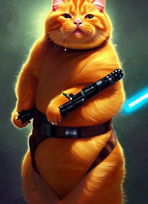 Image similar to a fat ginger cat holding a lightsaber, star wars outfit, beautiful glowing lights, sci - fi, stunning, intricate, elegant. highly detailed, digital painting. artstation. smooth. sharp focus. illustration. art by artgerm and greg rutkowski and alphonse mucha