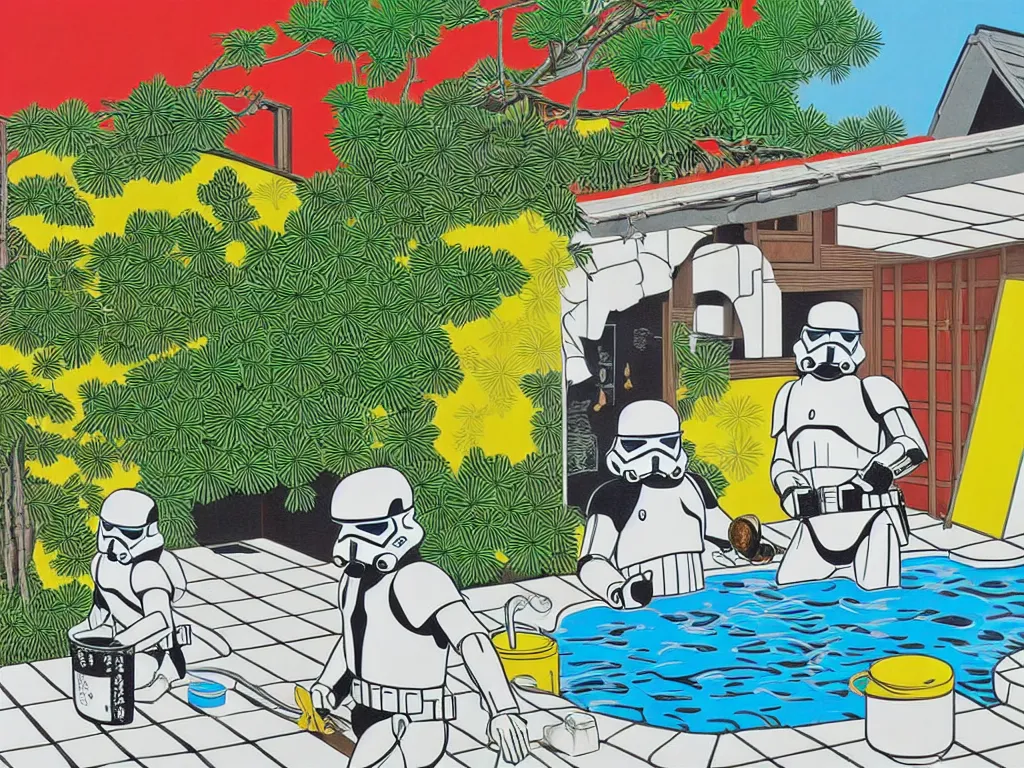 Prompt: hyperrealism composition of the japanese house with a hot springs in the garden, two detailed stormtroopers bathe in a hot spring, pop - art style, jacky tsai style, andy warhol style, roy lichtenstein style, round canvas, acrylic on canvas