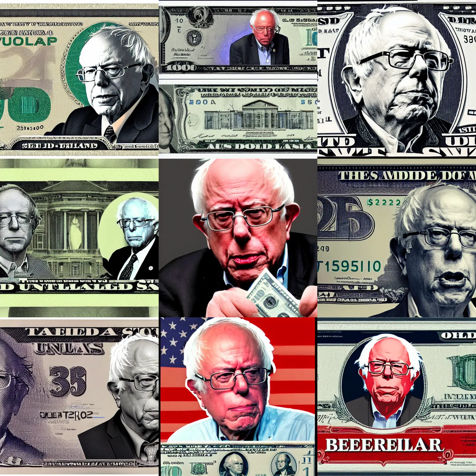 Prompt: Bernie Sanders in the middle of a USA 250 dollar bill