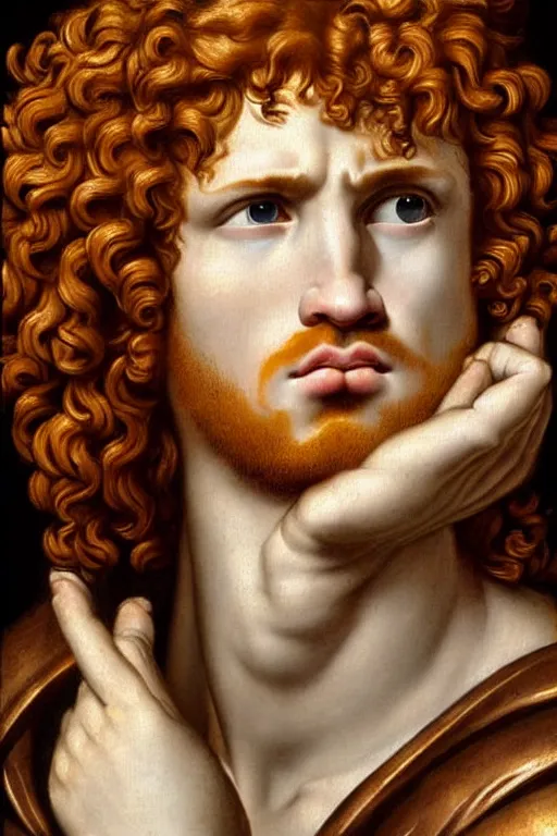 Prompt: renaissance painting of beautiful redhead man, curly hair, pleading face, tears dripping from the eyes, emotions closeup, dressed in roman armour, ultra detailed, made in bronze, art by Guido Reni style, Vincenzo Catena style