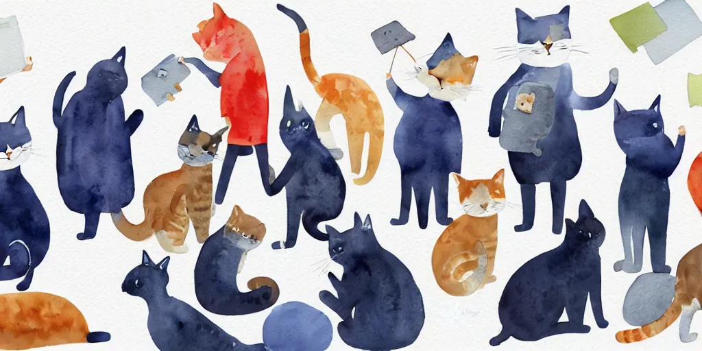 Image similar to watercolor illustration style, group of office workers cats in jackets select a different type of project before start design production, business, inspiring art