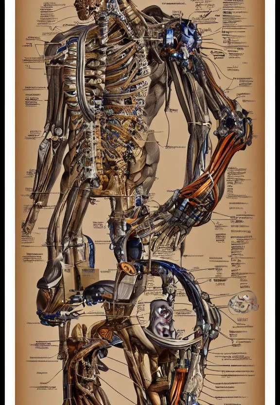 Image similar to highly detailed labeled medical anatomy poster of a robotic abomination, anatomical drawing on poster paper with notes + well - lit, ray tracing, detailed, mechanism, ent, forbidden - knowledge, intricate details, gold and silver ink