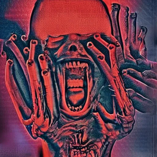 Prompt: welcome to flavortown, anaglyph 3d photo, nightmarish, giger