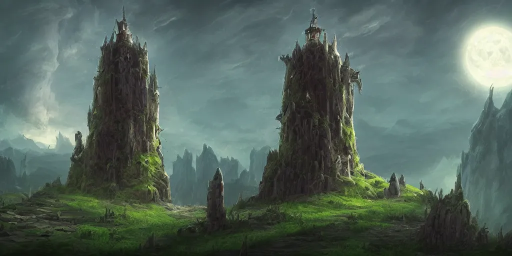 Image similar to The single lonesome grand wizard tower with demons in the sky by Tyler Edlin and Raphael Lacoste, fantasy art, green fields in the background, wide angle, cinematic composition, dark moody lighting, moon in the sky