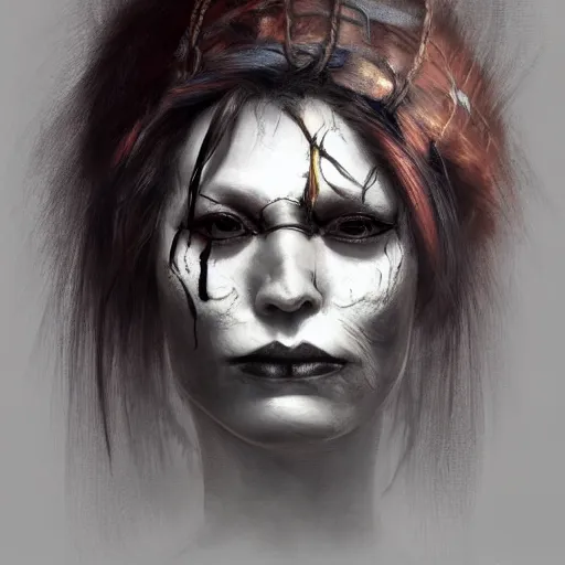 Prompt: portrait of a Shibari rope wrapped face and neck, black painted upper half of the face, headshot, insanely nice professional hair style, dramatic hair color, digital painting, of a old 15th century, old cyborg merchant, amber jewels, baroque, ornate clothing, scifi, realistic, hyperdetailed, chiaroscuro, concept art, art by Franz Hals and Jon Foster and Ayami Kojima and Amano and Karol Bak,