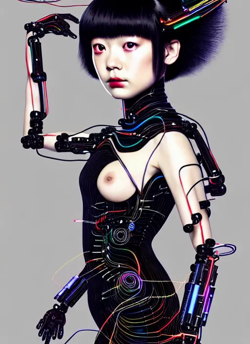 Image similar to kanna hashimoto as a absurdly beautiful cyborg, wearing a black dress, graceful, sophisticated, complex wiring and circuits, tarot card, highly detailed, digital painting, sharp focus, ultra realistic, 8 k, art by artgerm, kim jung gi, irakli nadar