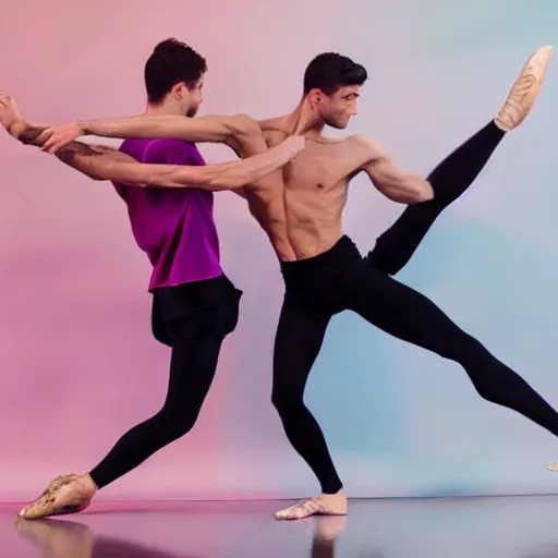 Prompt: male ballet dancers doing an extreme stretch choreography, dance photography, pastel colors palette, anatomic photography, high detail, zoom in, foreshortening, natural light