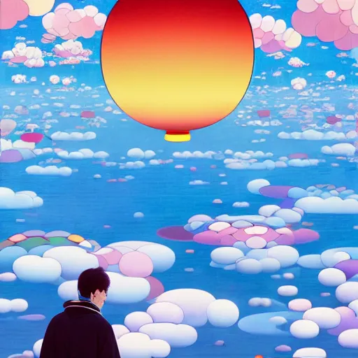 Image similar to a man walking on clouds away from the camera above kyoto by takashi murakami, beeple and james jean, aya takano color style, 4 k, super detailed, modern, 4 k, symmetrical