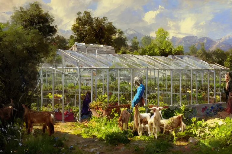 Image similar to weed greenhouse with hundreds of goats in the yard, goat farm, rococo style, greek architecture, green marble building, marijuana trees, multicolored weed leaves, dynamic lighting, landscape, artwork by jeremy lipkin and giuseppe dangelico pino and michael garmash and rob rey and greg manchess and huang guangjian and makoto shinkai, pixiv, 1 0 0 mm